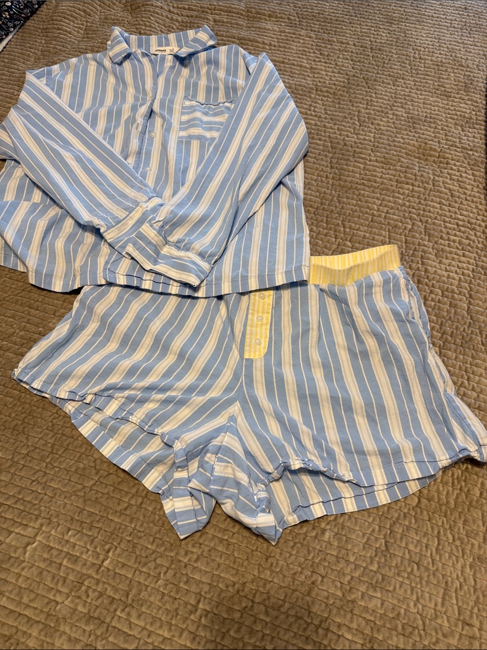 Sonoma Blue & White Striped High-Waist Lounge Shorts with Yellow Trim
